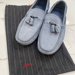Brioni Blue Suede Slip-On Loafers with Tassels, Size 9